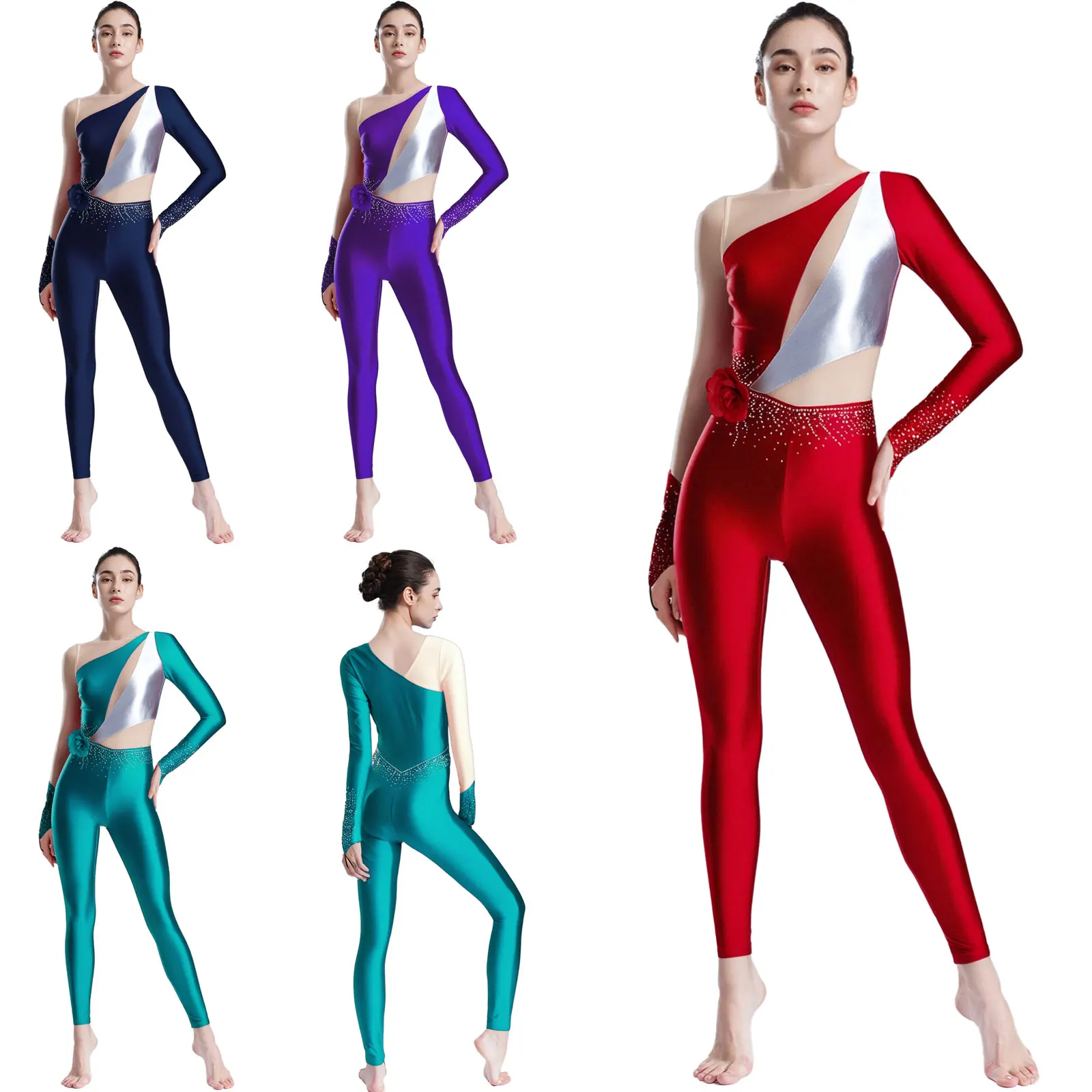 Mulheres strass collant macacão camisa ginástica artística collant unitard manga longa patinação artística ballet dancewear