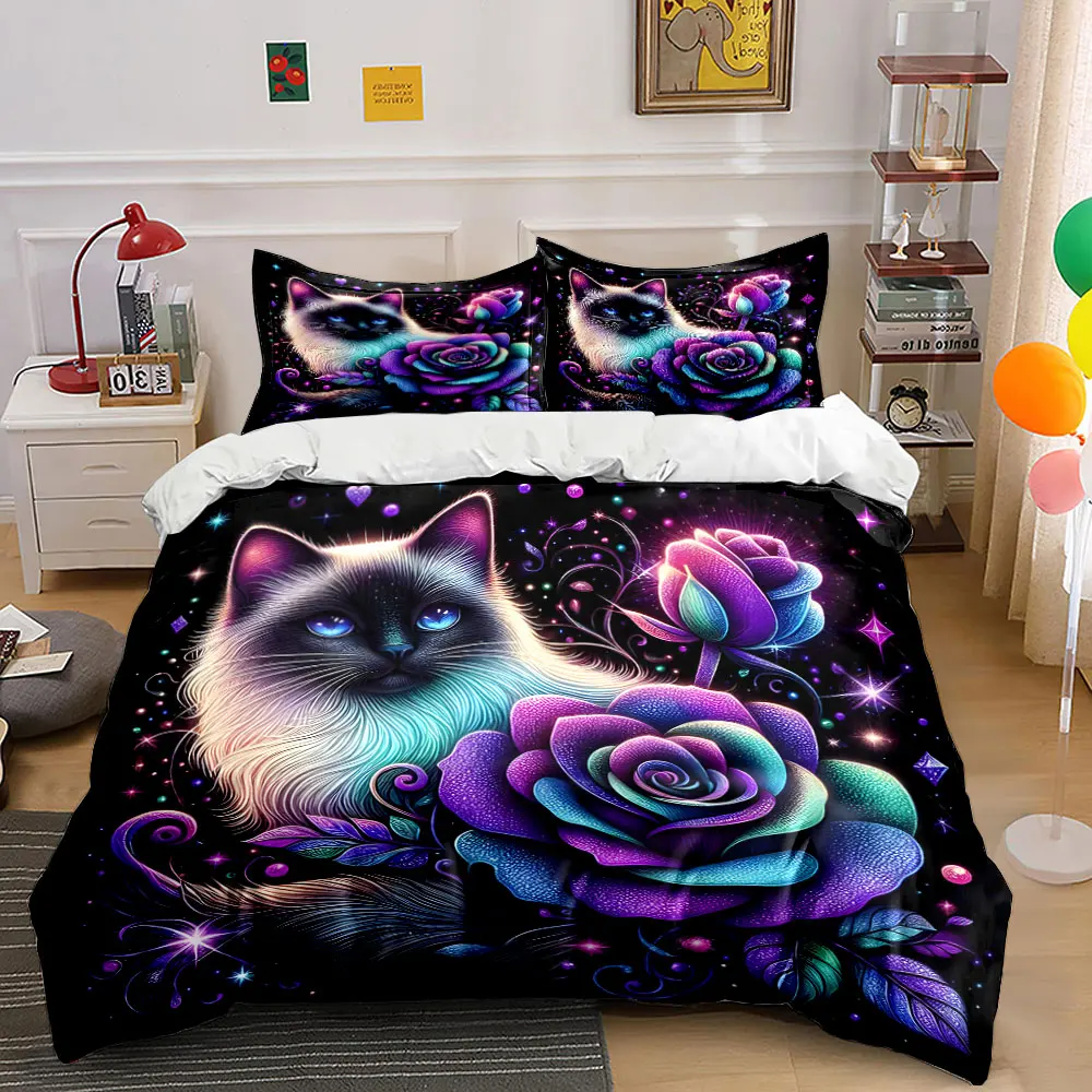 Dreamy Cat and Vibrant Roses Printed Duvet Cover Set1 Duvet Cover+2 PillowcaseMulti Size Bedroom Bedding Decor Luxury gifts