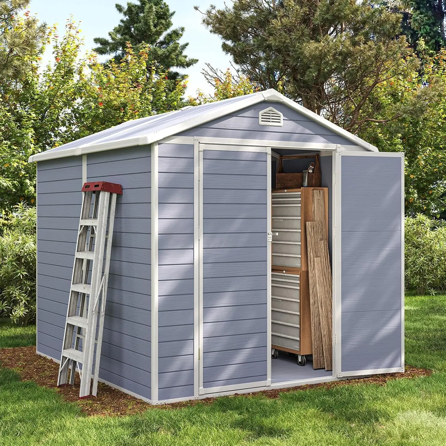 8 x 6 FT Outdoor Storage Shed with Window, Resin Shed with Floor & Lockable Doors, Garden Shed Waterproof Plastic Tool, Custom