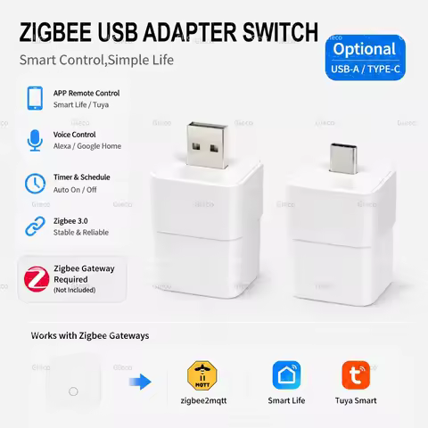 Adaptador Zigbee USB Switch 5V Mini TYPE-C, USB Power Adapter, Smart Life Control via Alexa, Google Home Assistant, TUYA 2MQTT Gateway