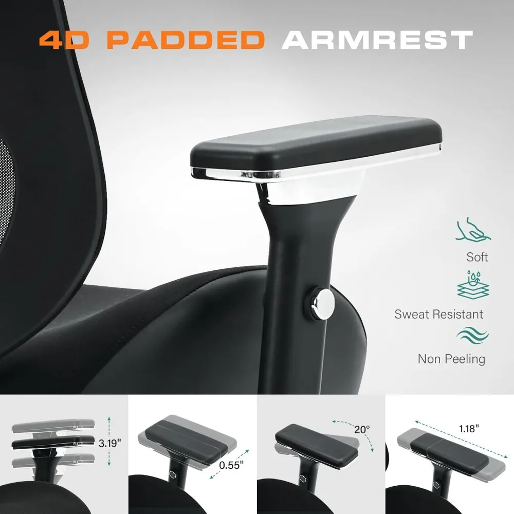 大きな体型の方のための、幅広で厚いシートクッション付きの大型オフィスチェア、重い人向けのエルゴノミクスメッシュデスクチェア、4Dアームレスト付き