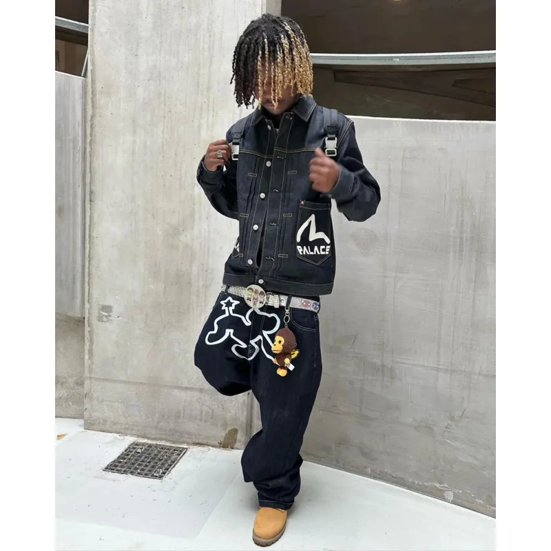 Mens hip hop retro Stardog embroidery jeans Y2K baggy black denim pants new fashion casual wide leg straight pants streetwear