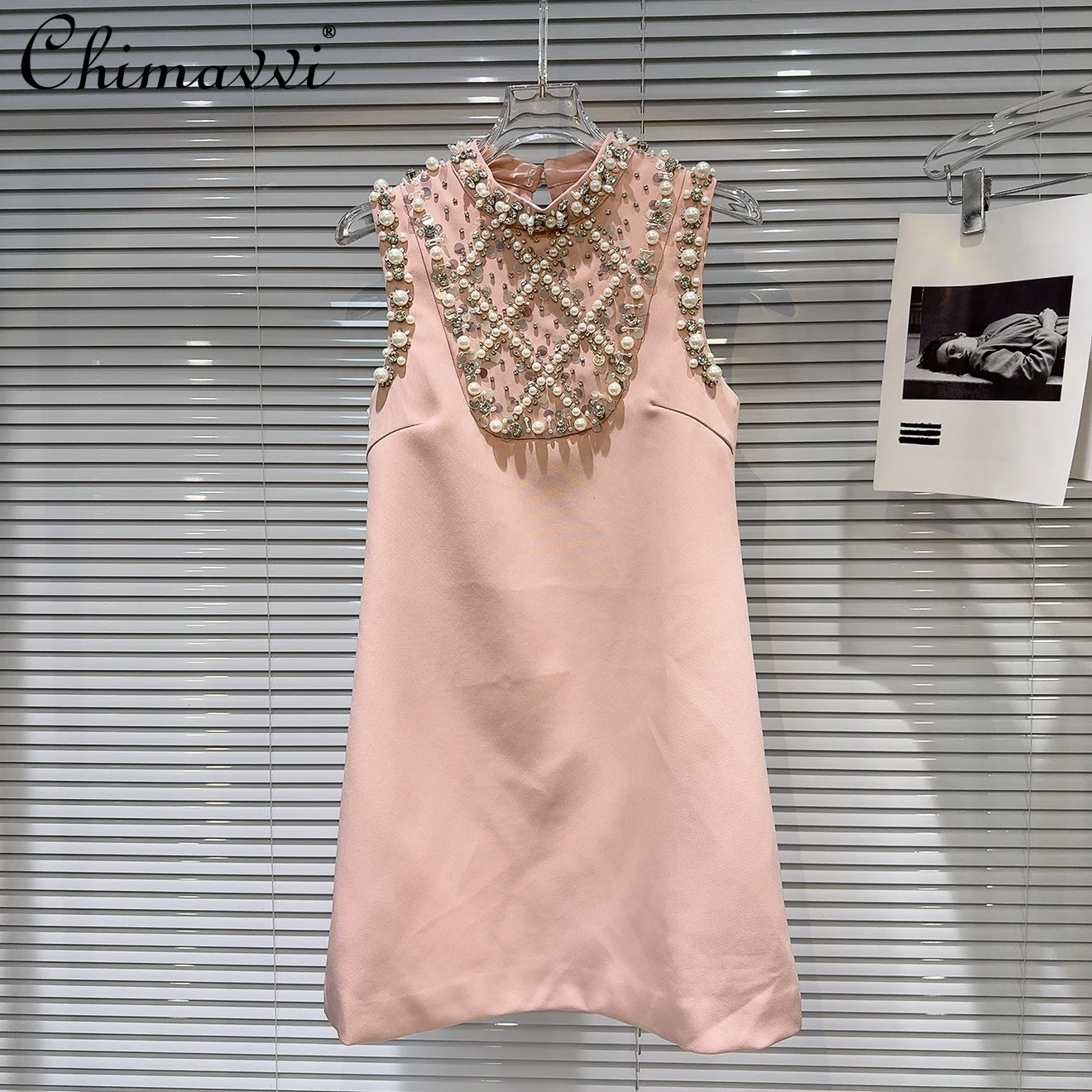 

2025 Summer New French Heavy Pearl Nail Diamond Vest Dress Women's Fashion Round Neck Sleeveless Loose Elegant Party Pink Dress