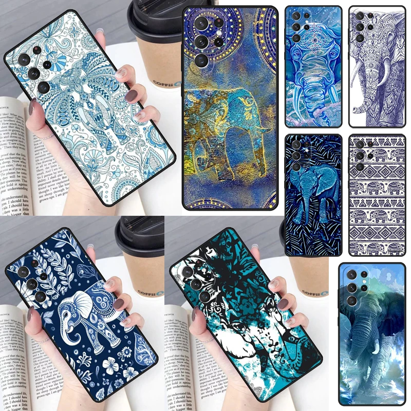 Elephant-Aztec-Blue Phone Case for Samsung Galaxy S26 Ultra S25 S24 S23 S22 S21 S20 Note10 Plus FE Cover Luxury