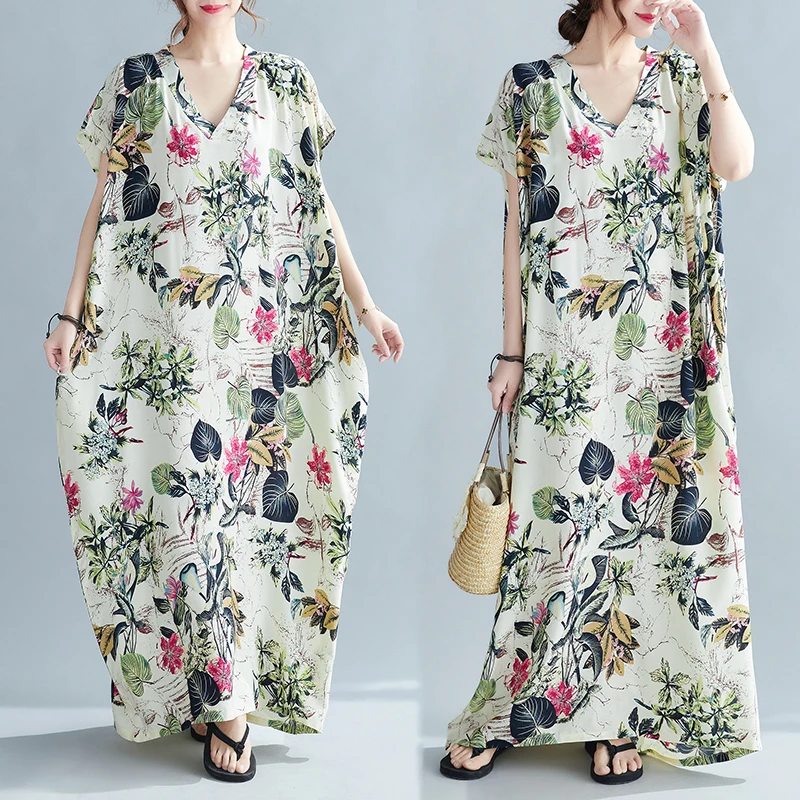 Floral Print Long Robe Summer New V-ne Loose Dr Knee-length Ethnic Sle Women's Clothing Commute Artistic Loose Waist