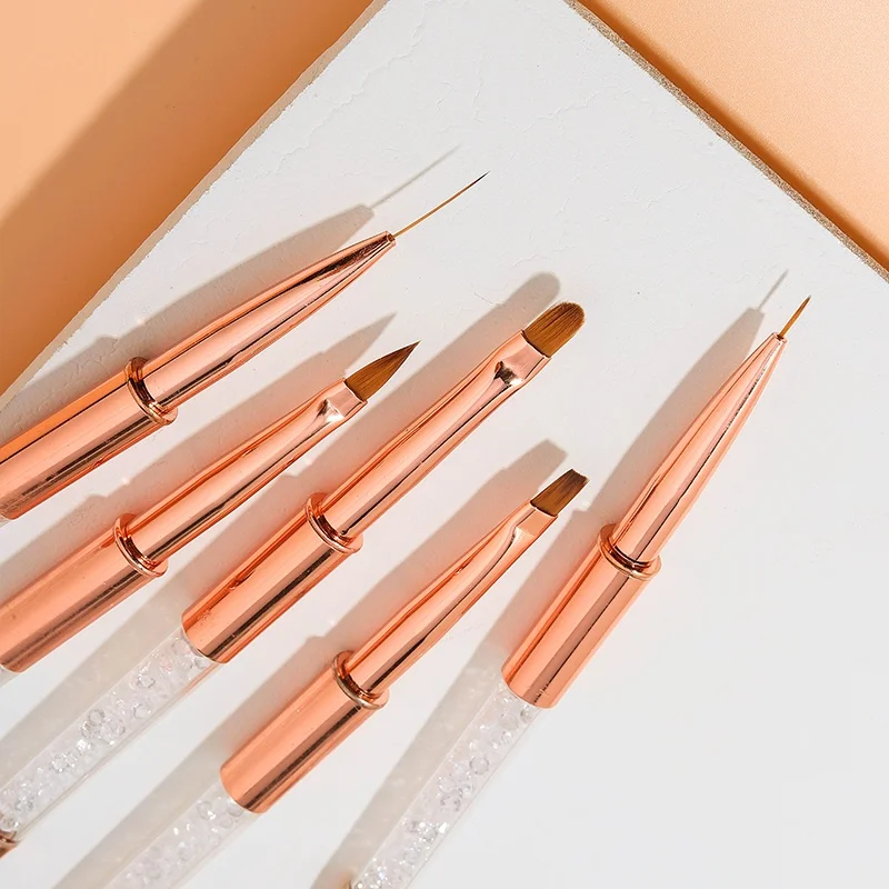 Customized Logo Kolinsky Brush Nail Nylon Hair Rose Gold Metal Rhinestone Handle Fine Liner Round Gel Flat Nail Art Brush Set