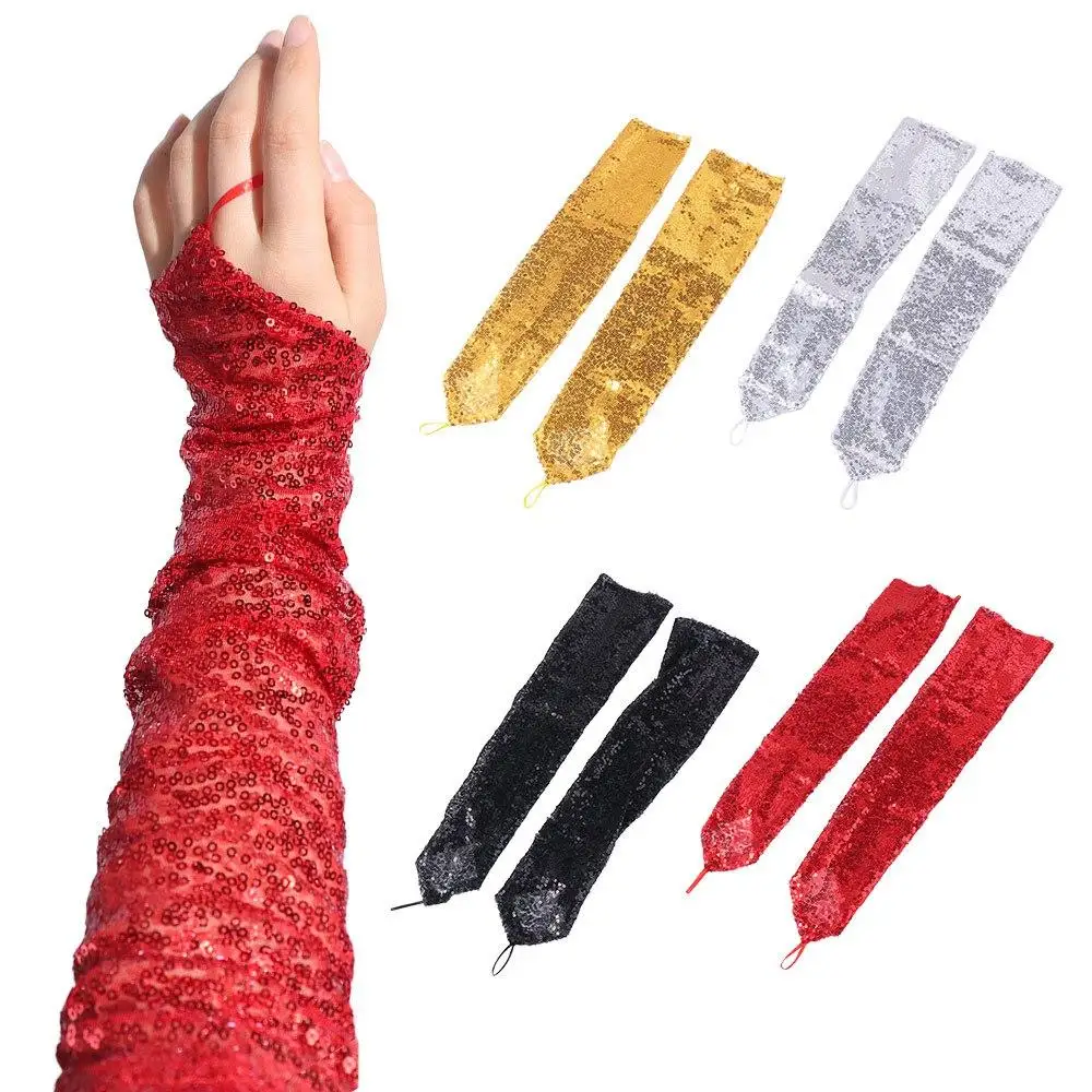 Dance Gloves Fingerless Sequins Gloves Creative Shiny Shinning Mittens 50cm Long Hook Women Cosplay Gloves Dress-Up Accessories