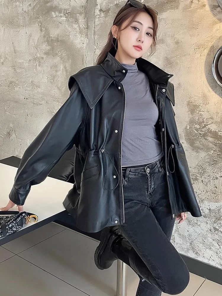 Women Genuine Leather Jacket Loose Fit Hooded Windbreaker Coat Spring Autumn High Street Fashion Casual Real Sheepskin Jackets