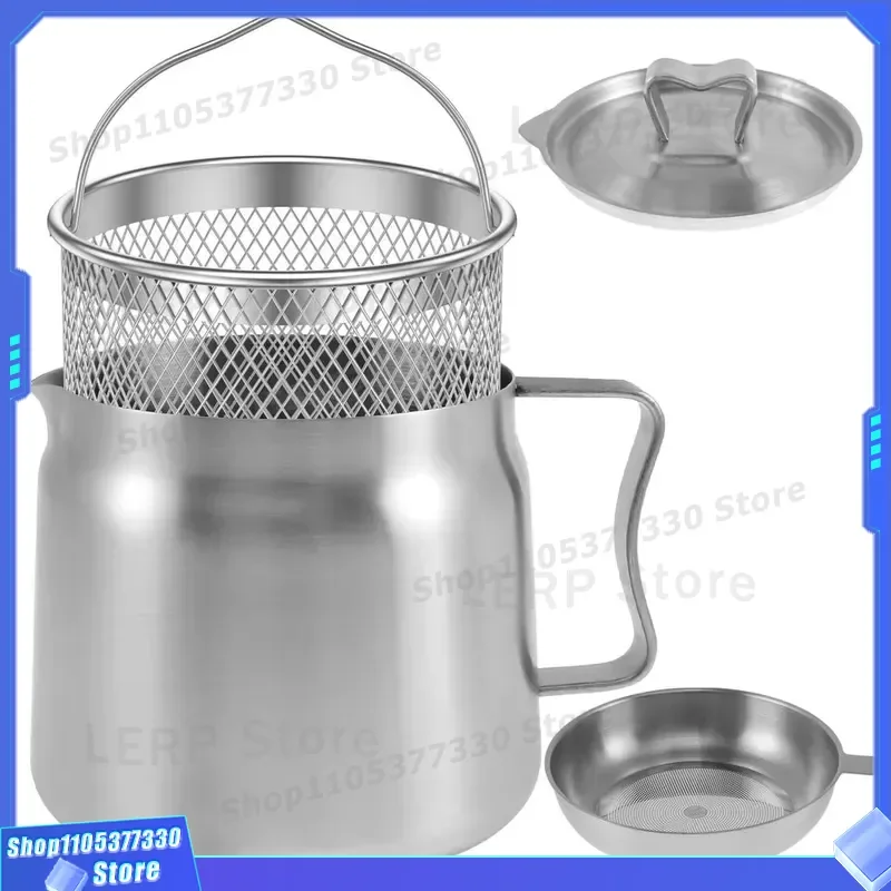 2L 304 Stainless Steel Oil Filter Pot with Fine Mesh Strainer and Frying Basket Kitchen Deep Fryer Tank for Healthy Cooking