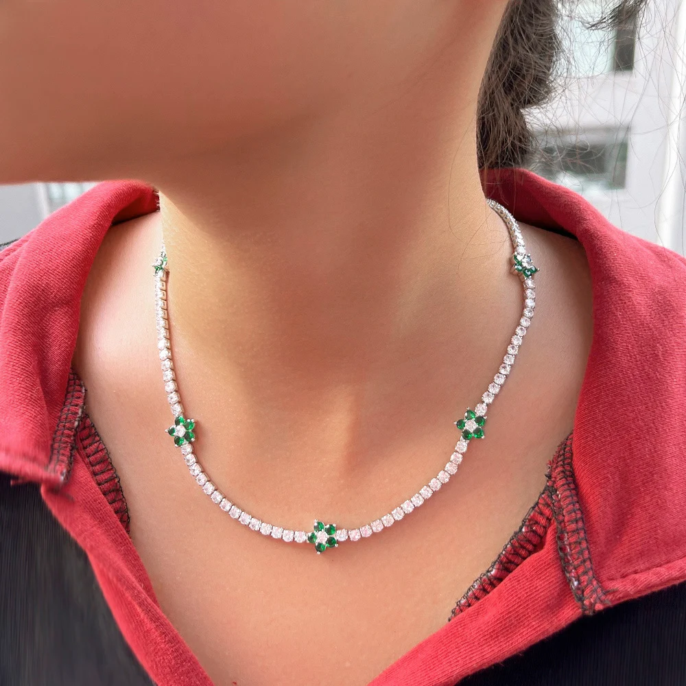 CWWZircons Shiny Luxury Daisy Flower Charm Green Blue Cubic Zirconia Tennis Chain CZ Choker Necklace for Women Accessory CP128