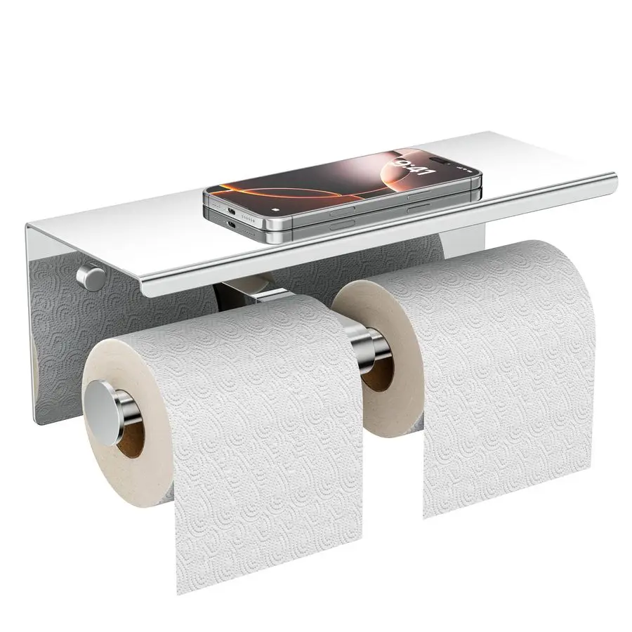 

Double Toilet Paper Holder with Shelf, Wall Mount Tissue Roll Holder for Bathroom, 304 Stainless Steel Commercial Toilet Tissue