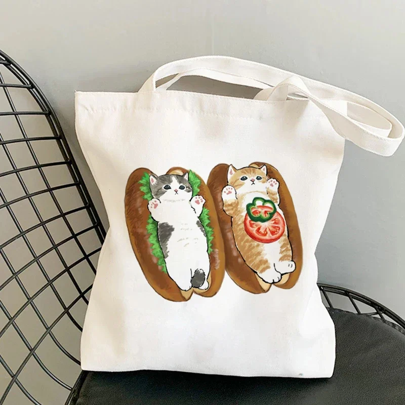 Woman Shopping Bags Cartoon Cats Fun Tote Bag Shopper Casual Organizer Lunch Handbags Large Capacity Canvas Shoulder Bags