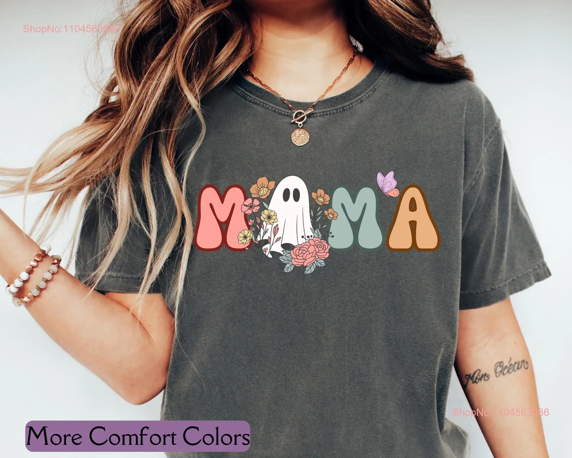 

Футболка Spooky Mama, комфортные цвета, осенний топ с цветочным принтом для любителей призраков, милый забавный топ на Хэллоуин с длинными или короткими рукавами