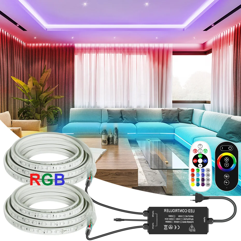 

RGB LED Strip Lights 1-100M 5050 220V IP67 60Leds/m RF Touch Remote Control Dimmable Tape 2500W Christmas Light For Home Decor