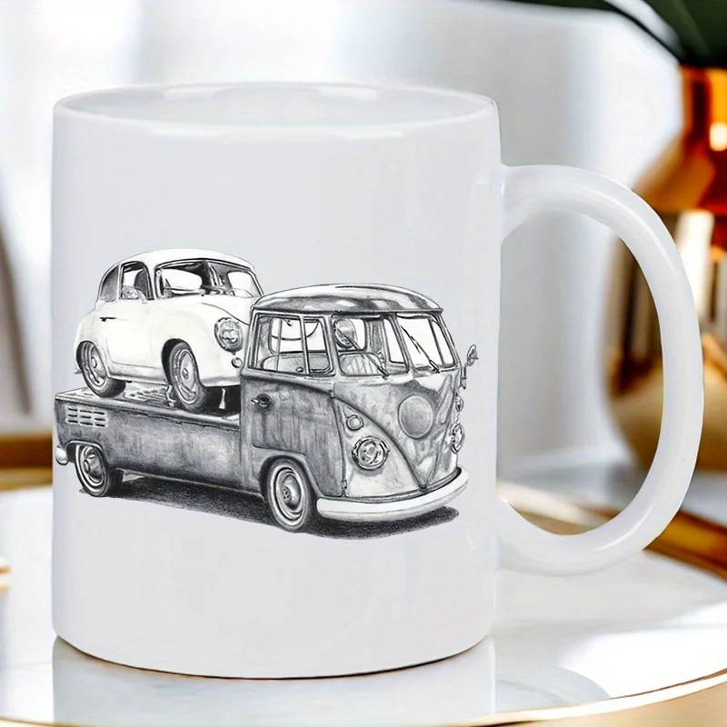 

Керамическая кружка для любителей винтажных автомобилей - кофейная кружка в стиле ретро с классическими иллюстрациями Volkswagen Beetle и пикапа, только ручная стирка
