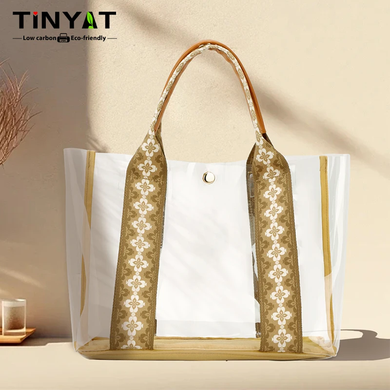 TINYAT Transparent Tote Bag for Women Clear PVC Handbag Summer Beach Shoulder Bag Large Capacity Floral Strap Jelly Bag