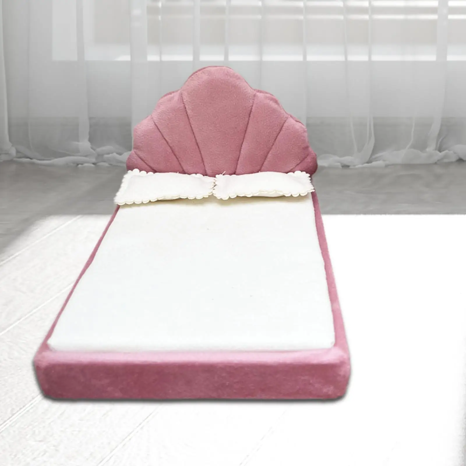 1/12 Dollhouse Upholstered Bed Mini Double Size Bed Pretend Play DIY Accessory Twin Bed for Role Play Scene Layout Gift
