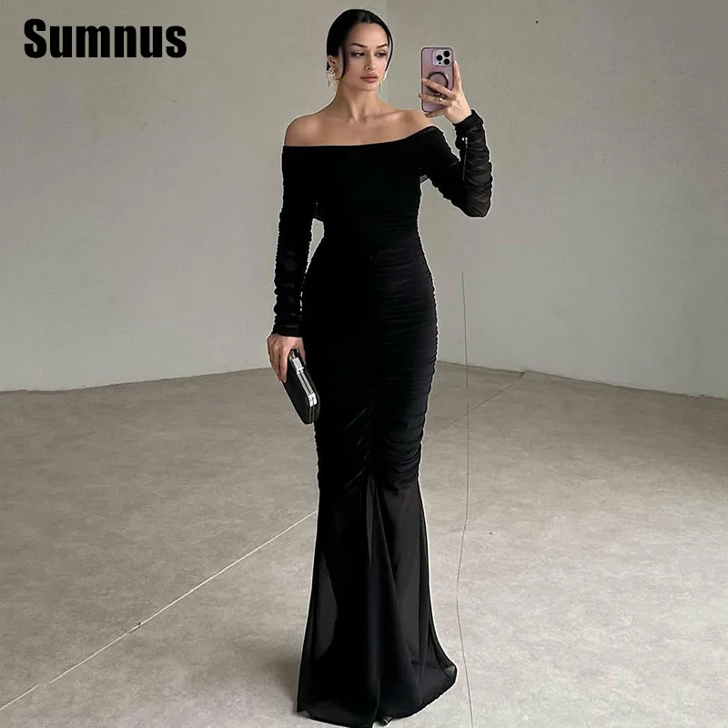 

SUMNUS Charming Black Mermaid Prom Dress Elegant Off Shoulder Party Dresses Floor-Length Long Sleeves Formal Gowns Customized