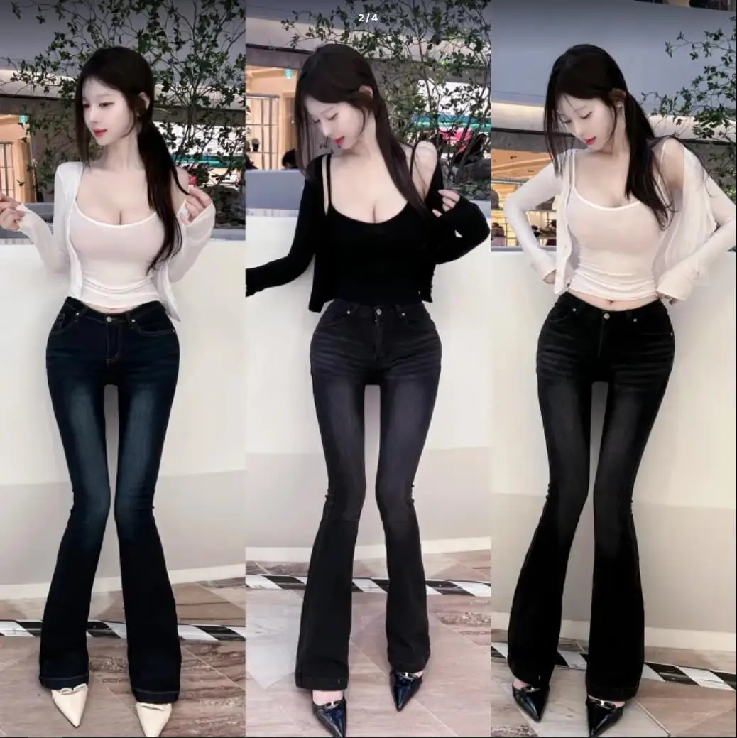 High Waist Slim Fit Bell Bot Jeans Deep Blue Versatile Retro Sle Women's Faionable Comfortable Cotton Stretch Denim