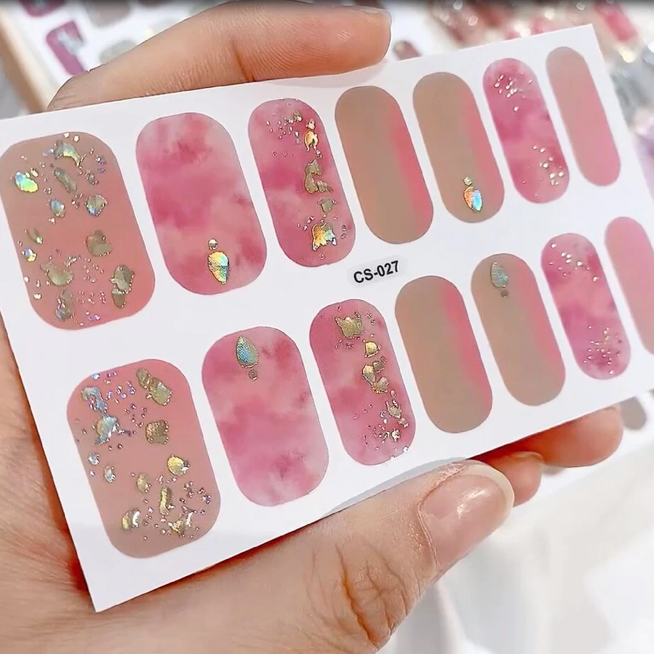 14 نصائح/ورقة الخبز خالية الرخام التدرج مسمار الشريط مع شريحة أذن البحر غير النظامية ملصقات طلاء الأظافر طويلة الأمد الأشعة فوق البنفسجية مسمار مائي