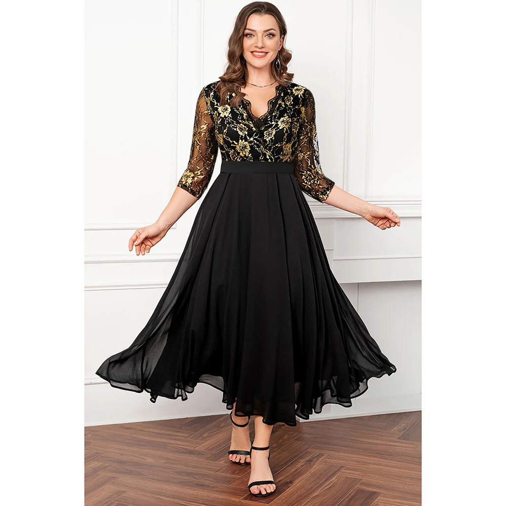 

Plus Size Formal Black Lace Stitching Bronzing Print V Neck 3/4 Sleeve Tunic Tea-Length Layered Dress