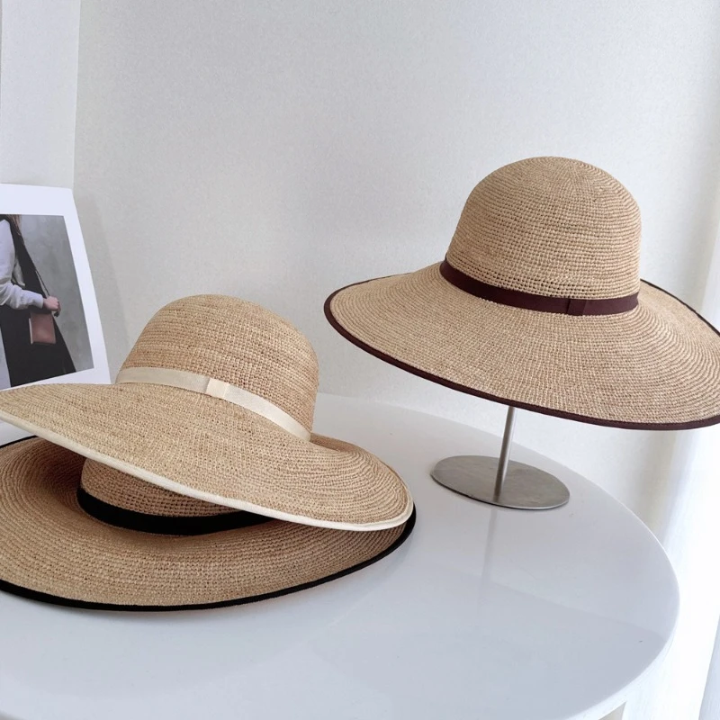 

French Oversized Brimmed Hand Knitted Raffia Sun Hat Women Seaside Travel Sun Hat Elegant French Hepburn Style Sombrero