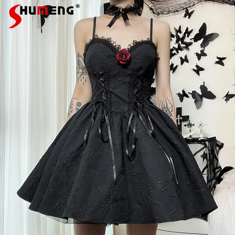 Japanese Lolita Rose Evening Dress Women's Clothes Sweet Wear Lace Pettiskirt God Princess Dresses Black Color Vestidos De Mujer