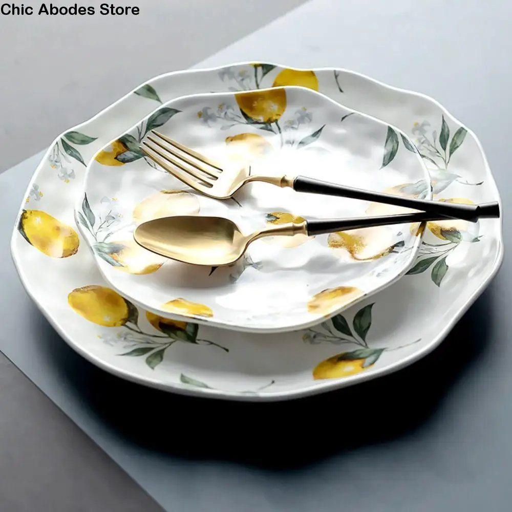 

Creative Lemon Pattern Ceramic Dinner Plate Stackable Irregular Shape Salad Platter Nordic Style Sushi Tray Home Restaurant