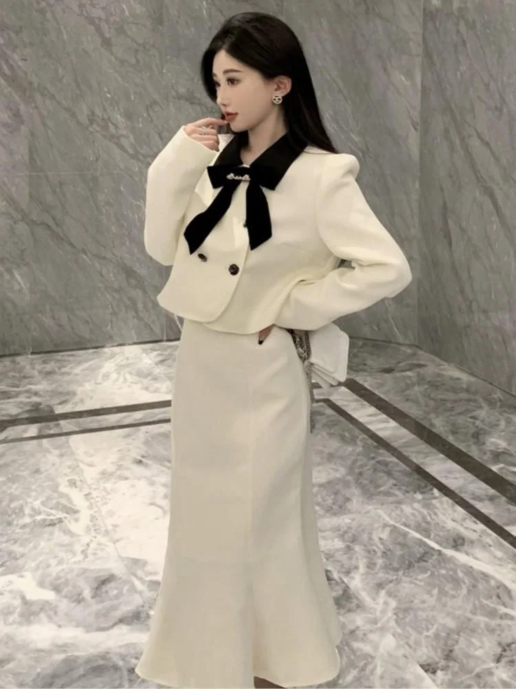 Women\'s Solid Mermaid Dress Bow Coat High Waist Midi Skirt Long Sleeve French Lady Fashion Autumn New 2 Pieces Set Skirts Sets