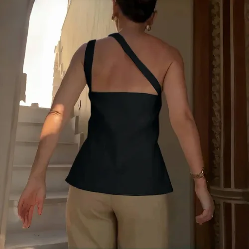 Imagen 2 del producto Top asimétrico elegante criptográfico con gancho y ojo, Tops sexis recortados con espalda descubierta y abertura, chaleco ajustado, ropa de verano