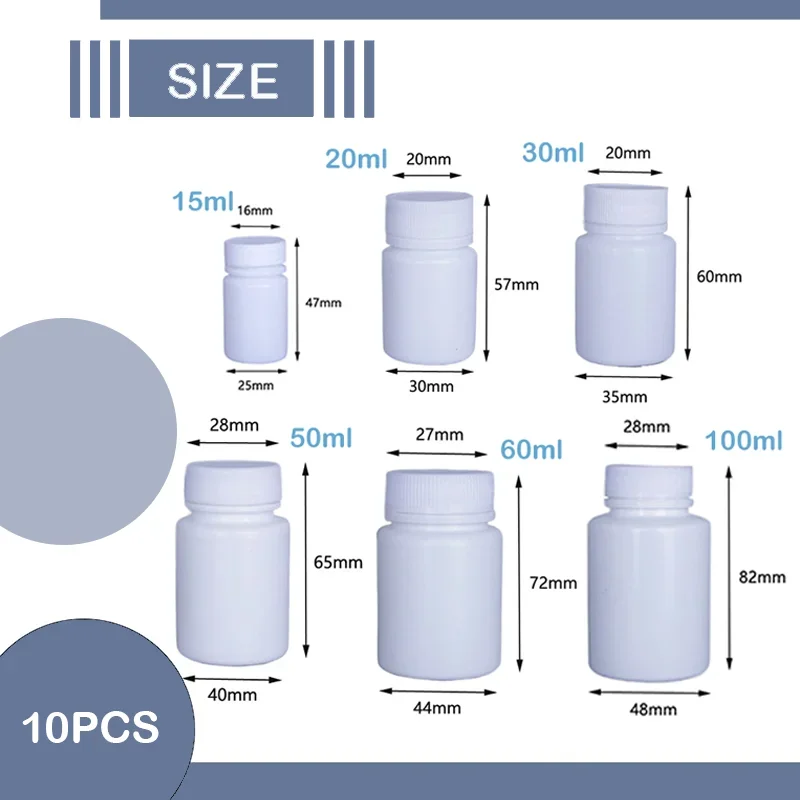 10pcs 15ml-100ml Medical Plastic HDPE Pill Bottles Empty Portable Pill Tablets Capsule Containers Food Grade Refillable Bottles