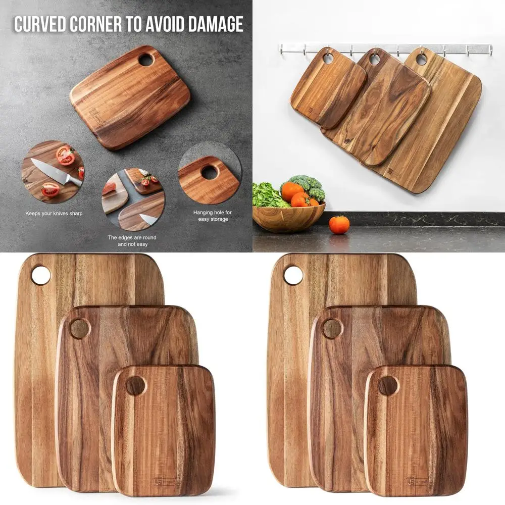 

Set of 3 Acacia Wood Cutting Boards, Large Thick Chopping Boards, Butcher Block, Wooden Serving Trays for Meat, Fruit, Vegetable