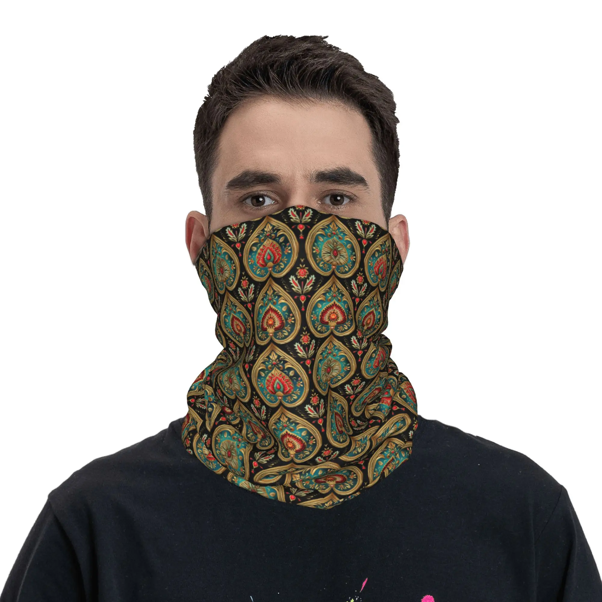 

Luxury Ethnic Red Gold Paisley Pattern Bandana Neck Warmer Women Men Winter Ski Tube Scarf Gaiter Face Cover