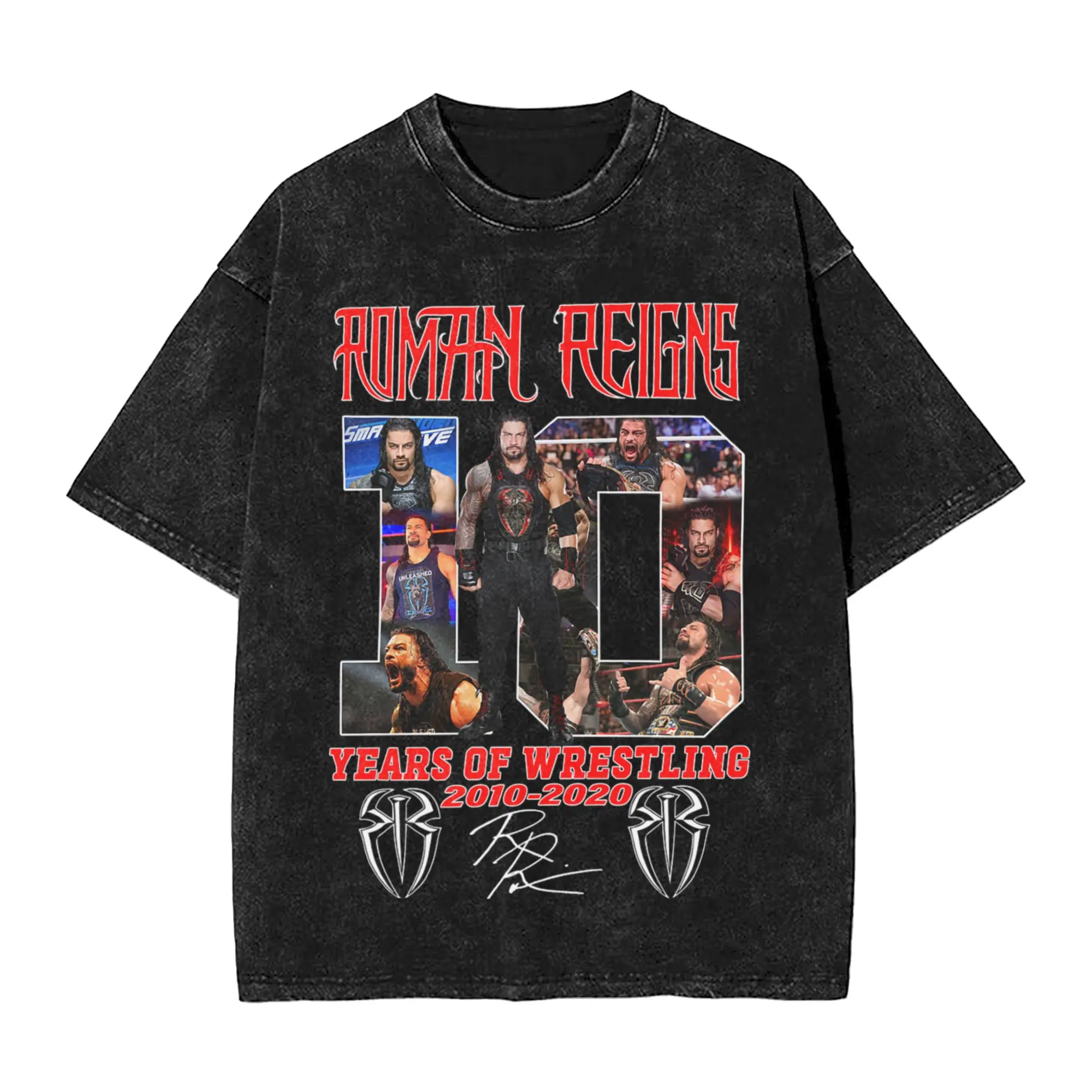 Camiseta Vintage Lavada de Algodón con Estampado de Roman Reigns (Años de Lucha Libre) para Hombre y Mujer, Camisetas de Manga Corta con Cuello Redondo