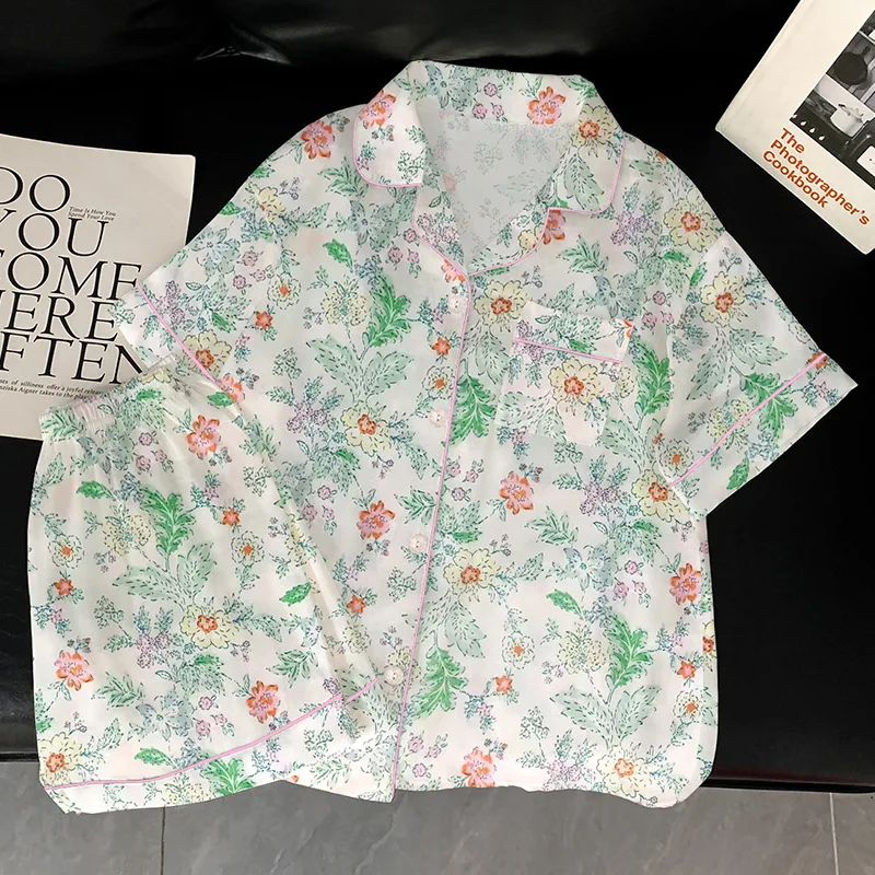 

French Sweet Floral Women Pajamas Set Pijama Silk Satin Pyjamas Women Loungewear Short-sleeved Homewear Summer Pajamas Woman
