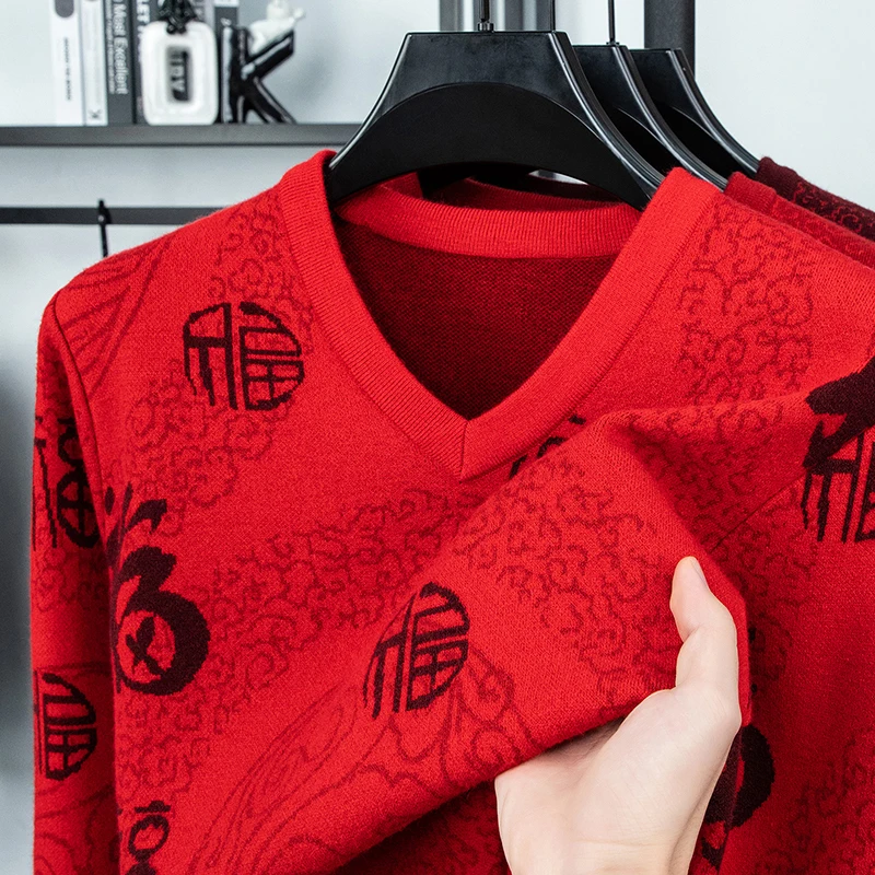 رجل فاخر النمط الصيني طويلة الأكمام تريكو الخامس الرقبة الطباعة الشتاء الساخن لينة الجلد ودية البلوز بسيطة أنيقة الترفيه #1