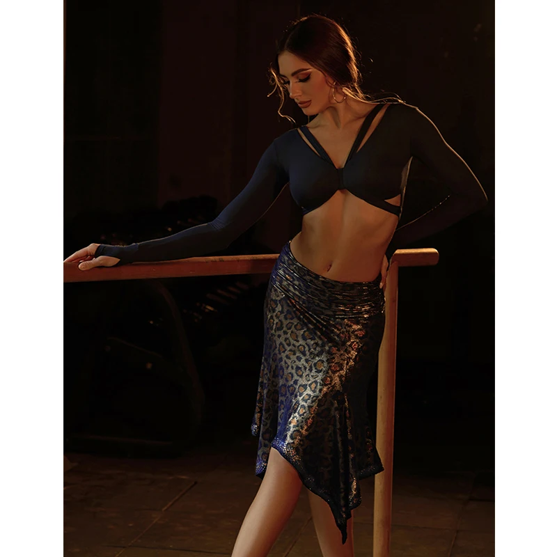 ZYM Latin Dance Clothes Women Sexy Short Tops Slit Leopard Skirt Cha Cha Rumba Performance Costume Adult Latin Dress DNV25538