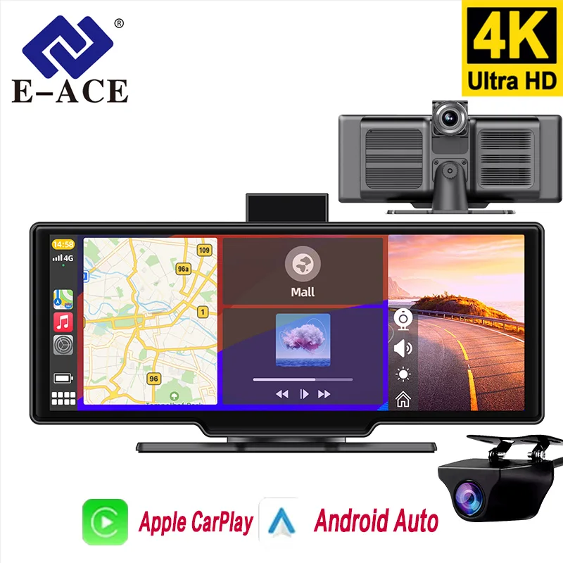 

E-ACE 10.26" 4K Dash Cam Wireless Carplay & Android Auto Car DVR GPS Navigation WIFI Dashboard Recorder Front And Rear Dual Lens