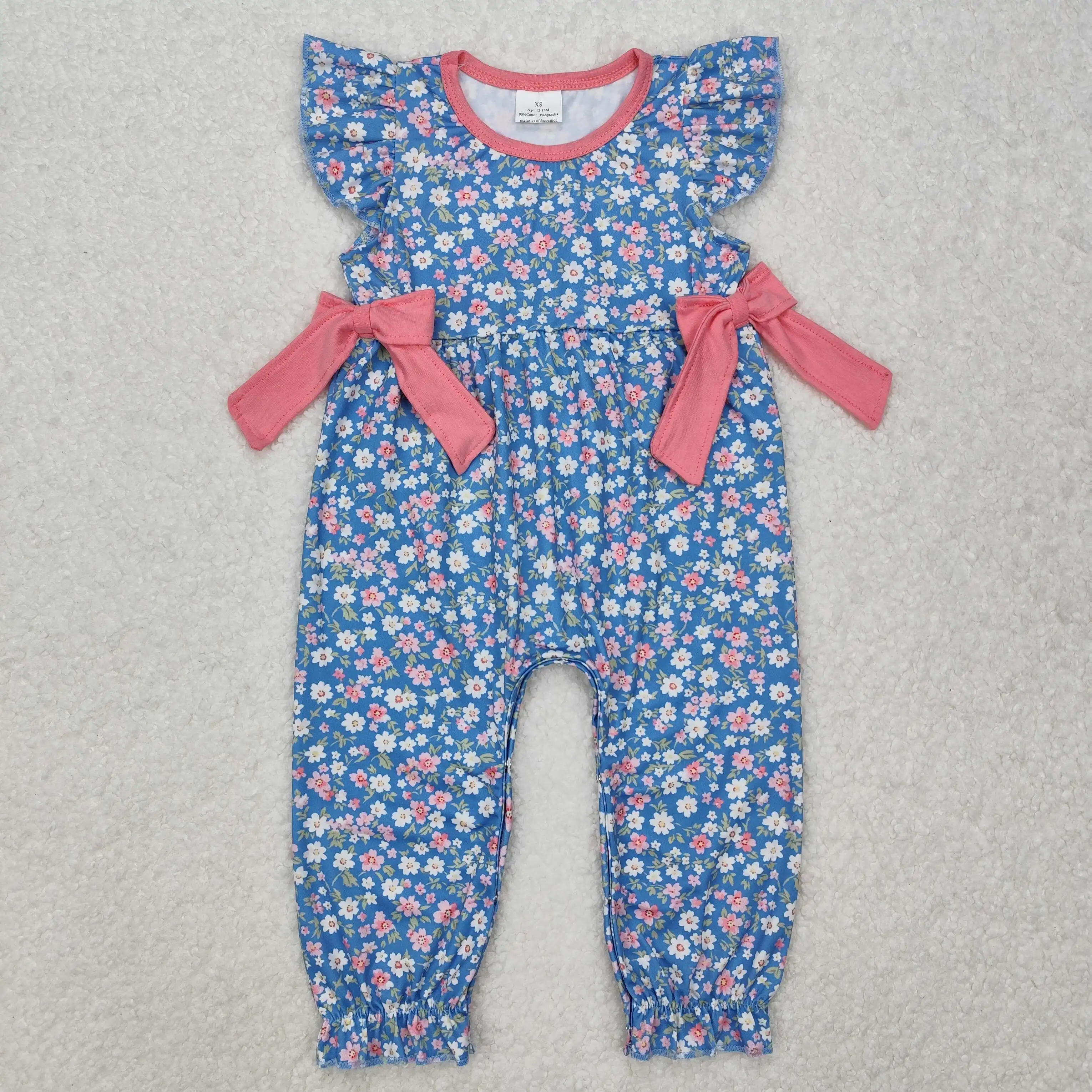 Wholesale Baby Infant Girls Pink Flowers Bows Flutter Sleeves Romper Toddler Kids Children Bubble Summer Bodysuit Clothing