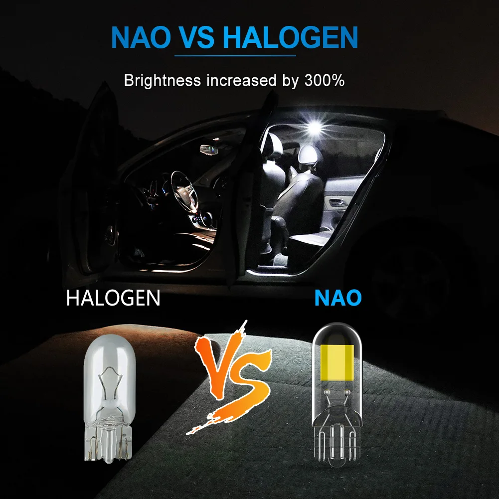 NAO W5W T10 LED Light For Car Interior Lamp 5W5 12V 6500K 194 168 COB Glass Auto Indicator License Plates Dome Map Reading Bulb