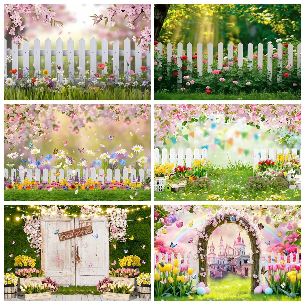 Spring Garden Natural Scenery Backdrop Flowers Green Grass Floral Easter Baby Shower Kids Portrait Photography Background Decor