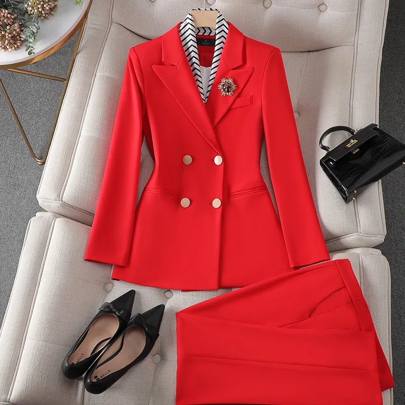 Women\'s Suits Red Blazer+Pants 2 Piece For Office Lady Formal Business Pantsuit White Elegant Outfits For Lady