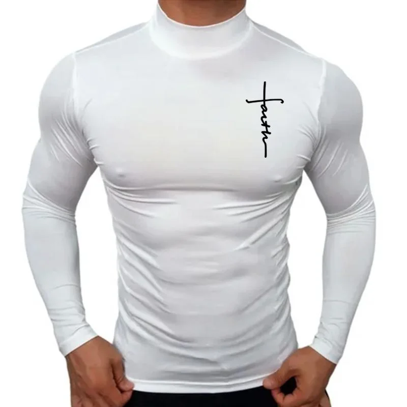 New Fashion Mens High Collar Long Sleeve T Shirt, Men\'s Fitness Workout Shirt Gym Training Tops Muscle Tees, Faith Graphic Tee