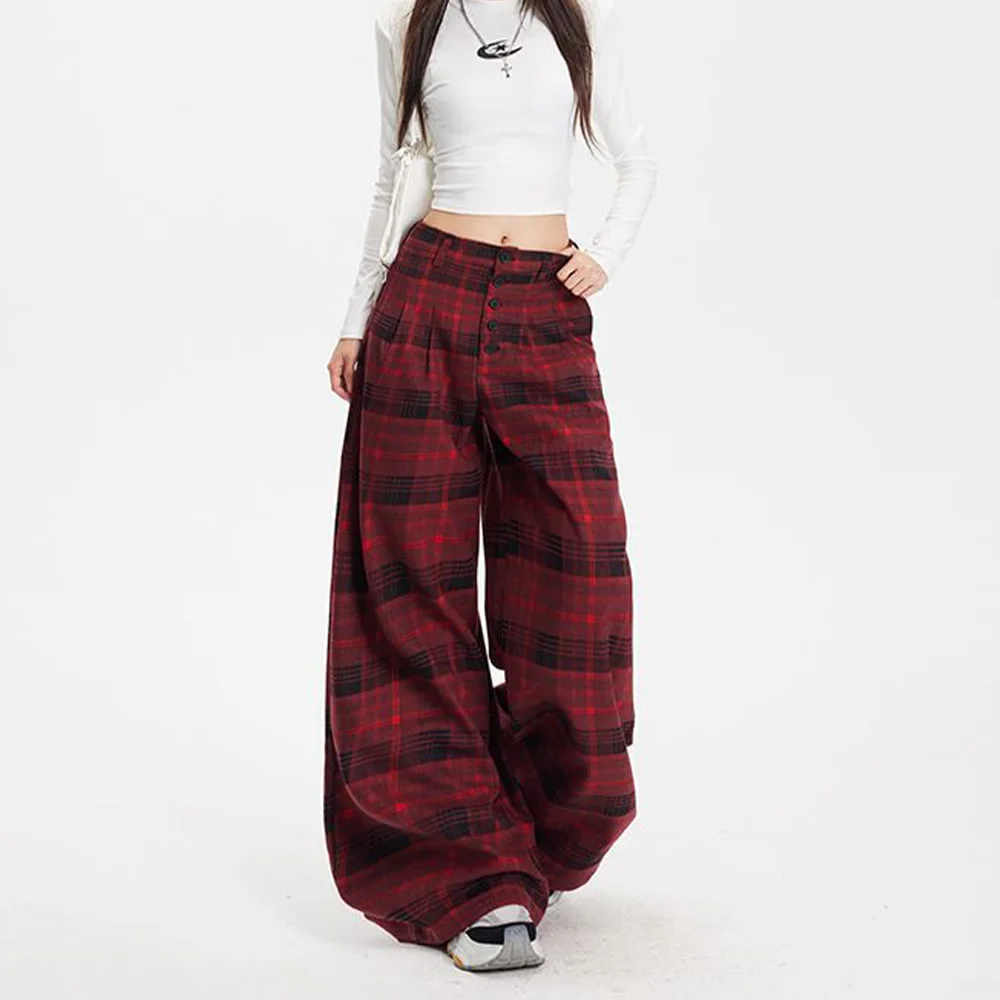 

Женские красные сетчатые повседневные брюки Y2K, осень-зима, Harajuku High Street, американские широкие брюки в стиле ретро 2000-х годов, модная одежда