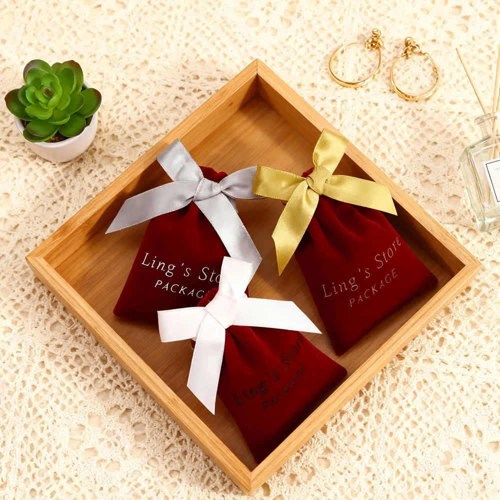 100 قطعة شعار مخصص جميل سميكة المخملية أكياس تغليف المجوهرات شيك هدايا الزفاف هدية الحقيبة كيس التجميل مجوهرات المنظم #1