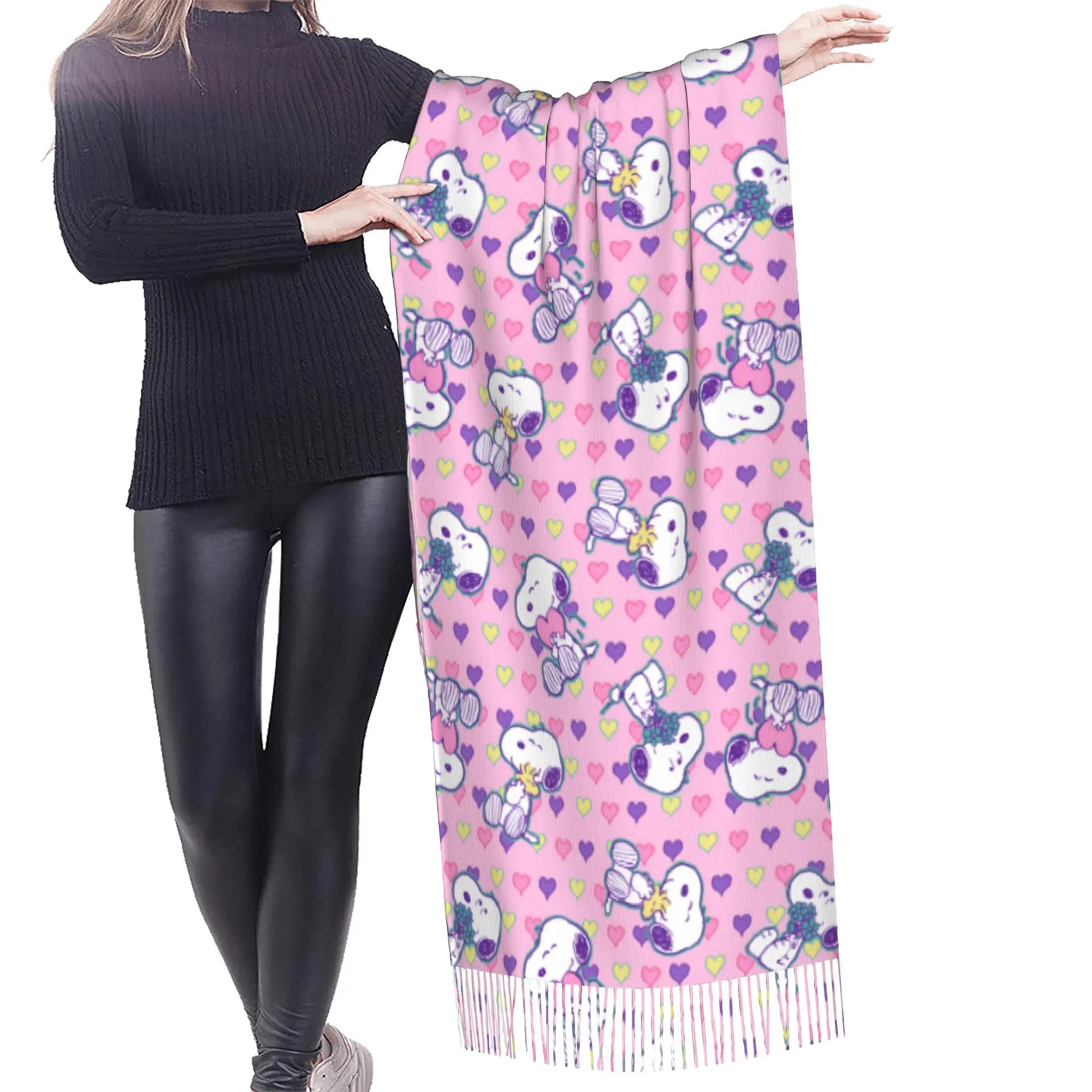 Custom S-snoopied Dog Scarf Wrap for Women Long Winter Fall Warm Tassel Shawl Unisex Anime Manga Scarves