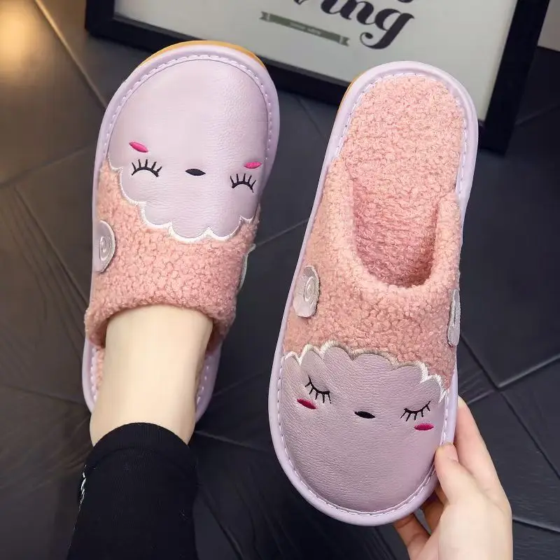 Women Real Leather Baotou Cartoon Cotton Slippers Winter New Soft sole Non Slip Waterproof Home Fluffy Slippers Floor Slippers