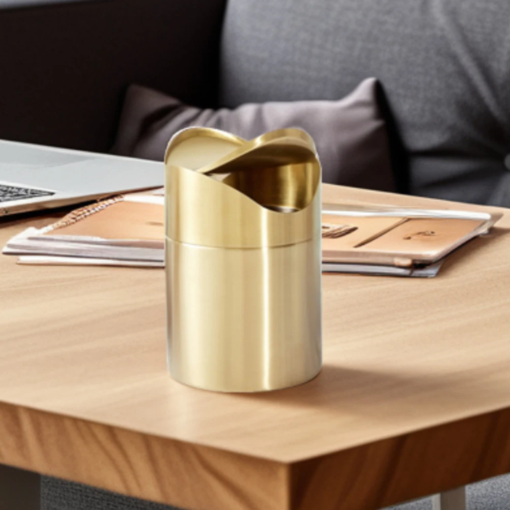 Rose Gold Mini Desktop Trash Can Small Waste Container With Press Lid Compact For Office Bedroom Kitchen Car Use Cute Metal