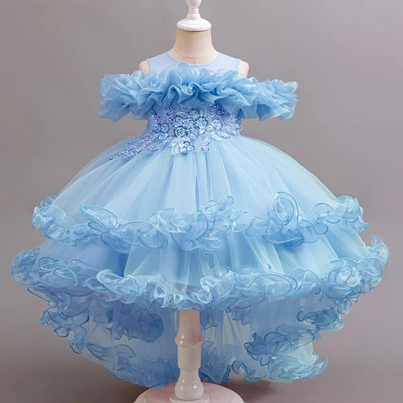 New Soft Gauze Decal Sleeveless Solid Color Trailing Fluffy Skirt for Girls Wedding Flower Girl New Year\'s Sweet and Cute Dress