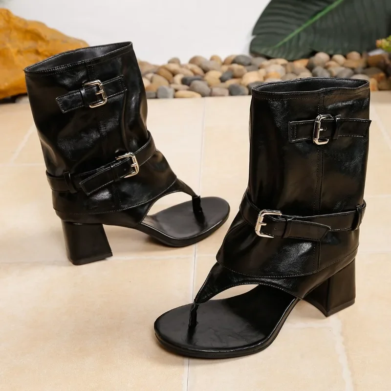 Block Heel Square Toe Clip Toe Slide Boots Women 2026 New Summer Roman Sandals